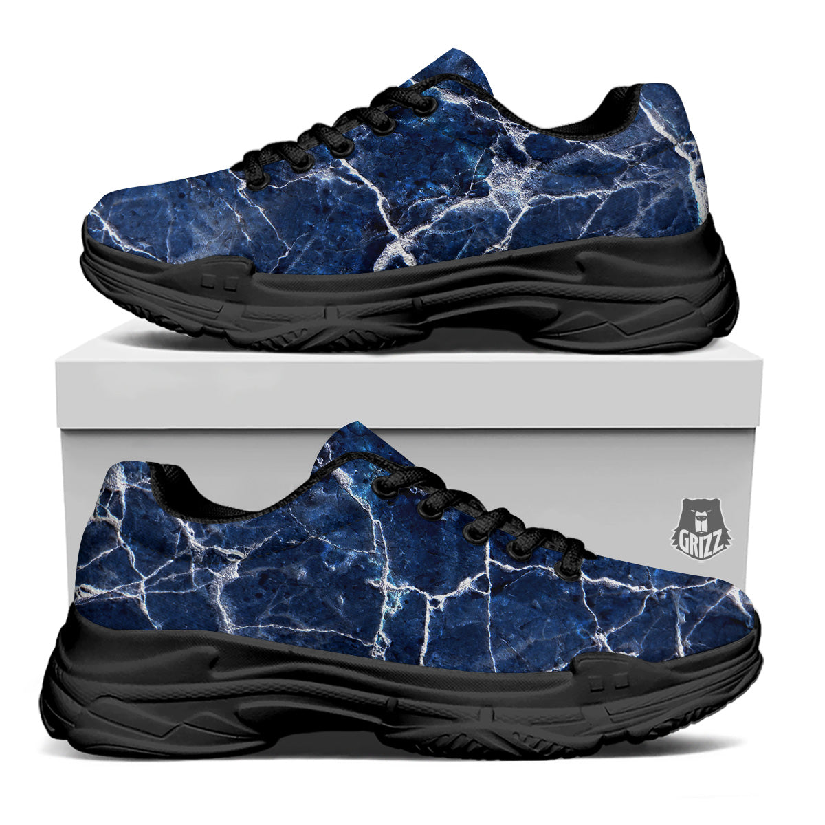 Marble Blue White Print Black Chunky Shoes-grizzshop