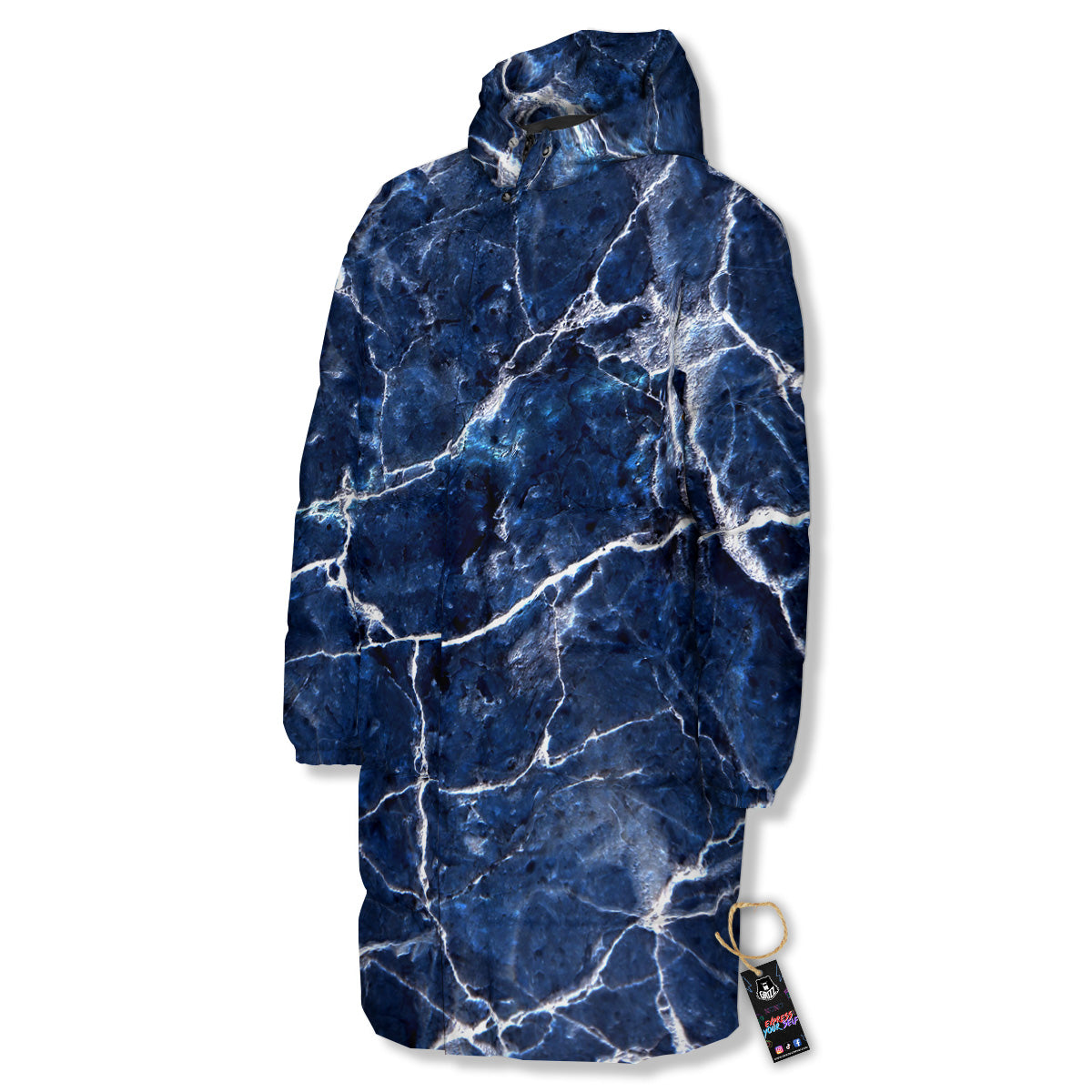 Marble Blue White Print Long Down Jacket-grizzshop