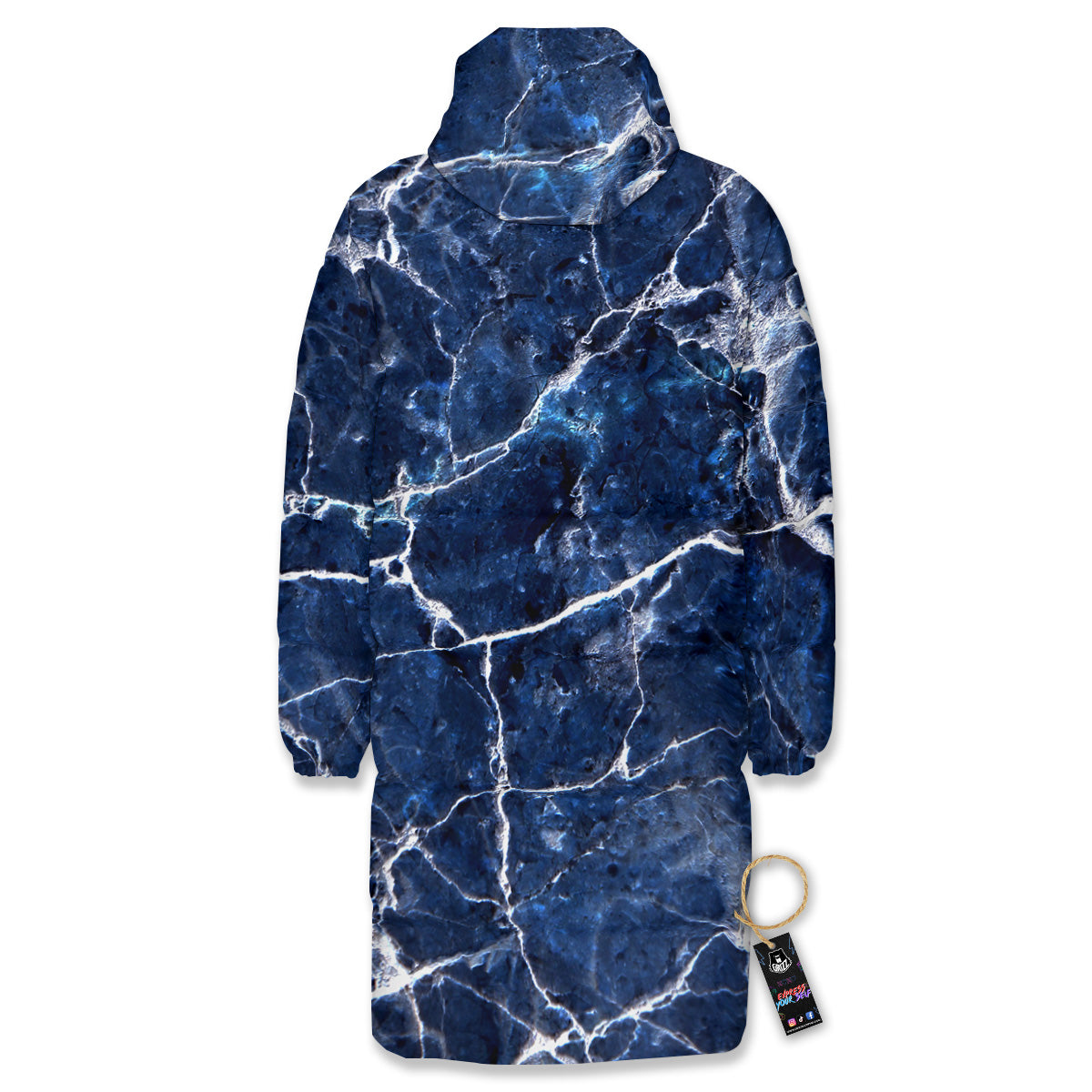 Marble Blue White Print Long Down Jacket-grizzshop