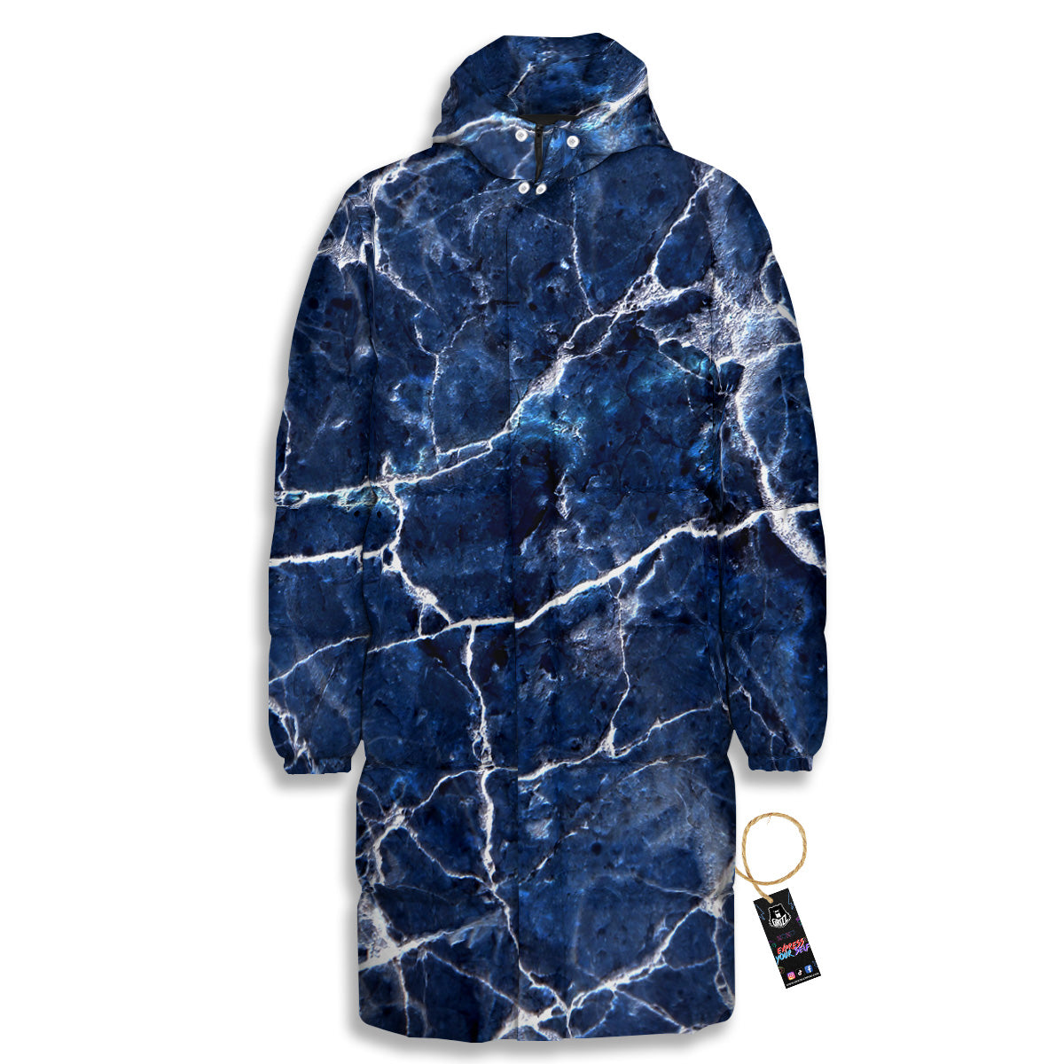 Marble Blue White Print Long Down Jacket-grizzshop