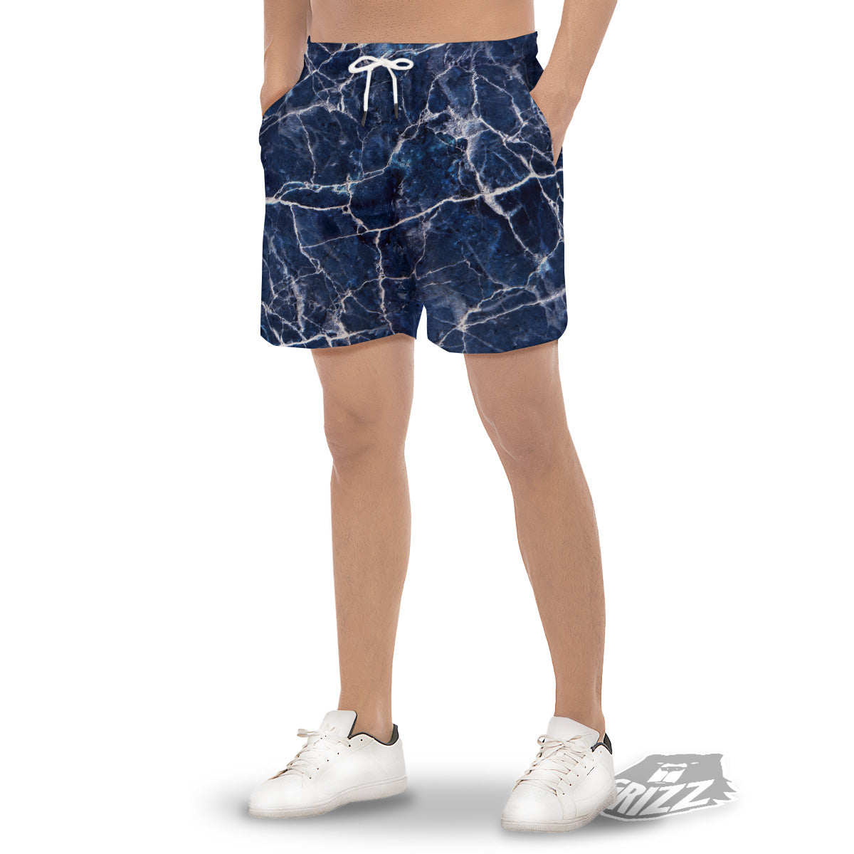 Marble Blue White Print Men's Gym Shorts-grizzshop