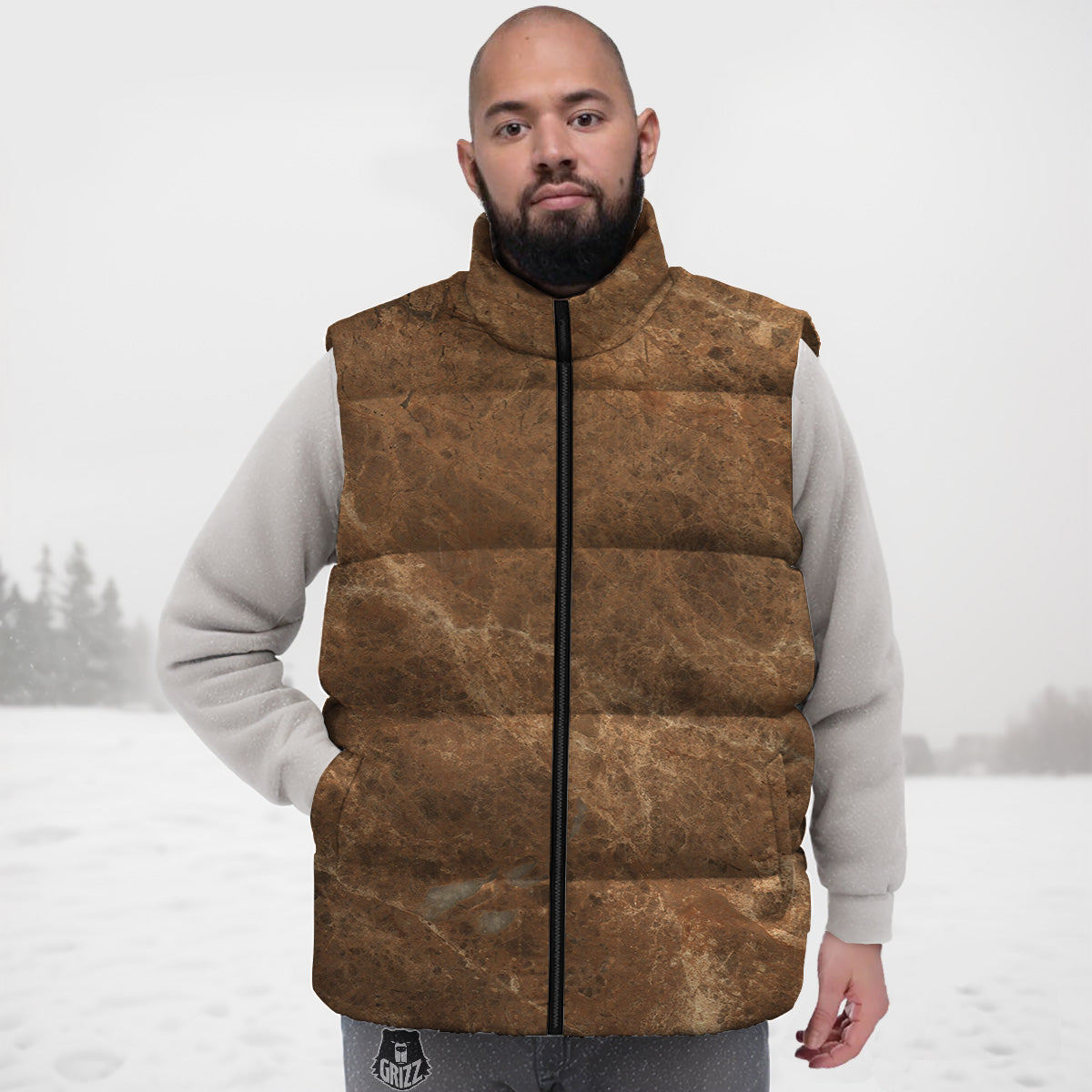 Marble Brown Beige Print Down Vest-grizzshop