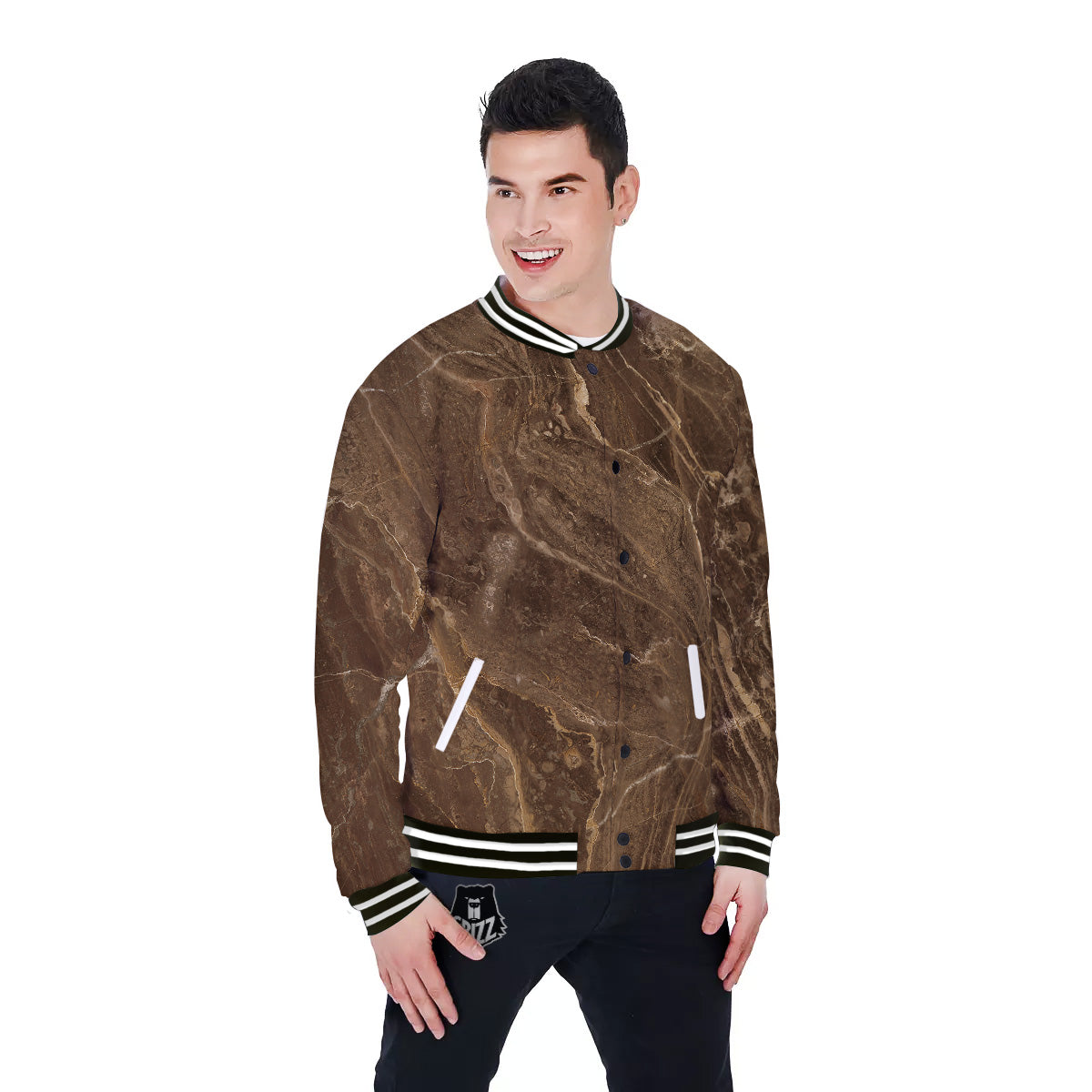 Marble Brown Print Baseball Jacket-grizzshop
