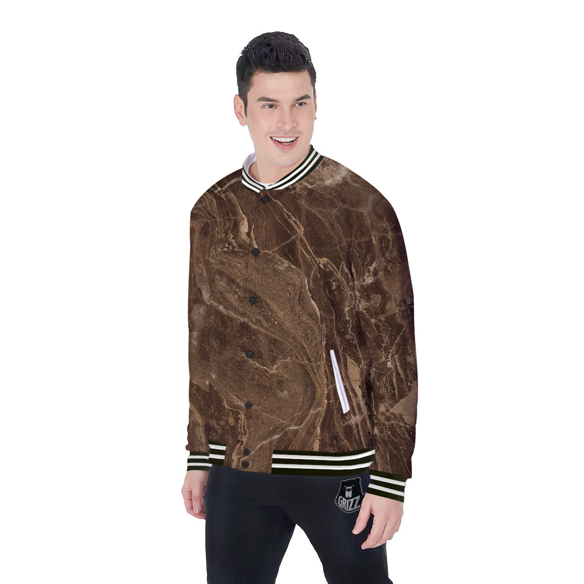 Marble Brown Print Baseball Jacket-grizzshop