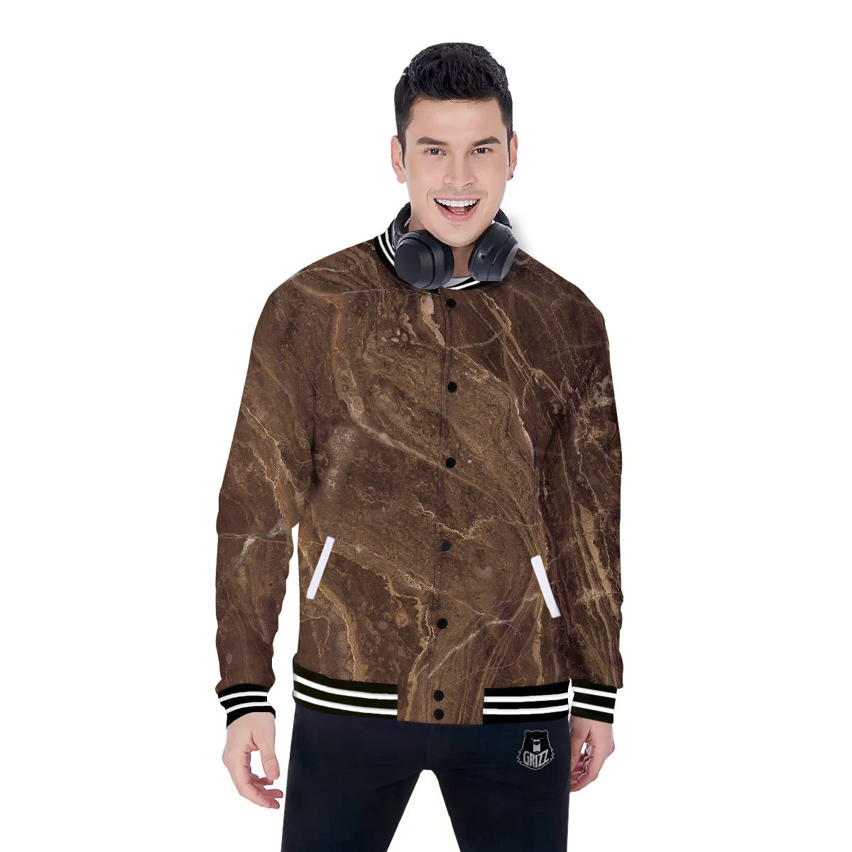 Marble Brown Print Baseball Jacket-grizzshop