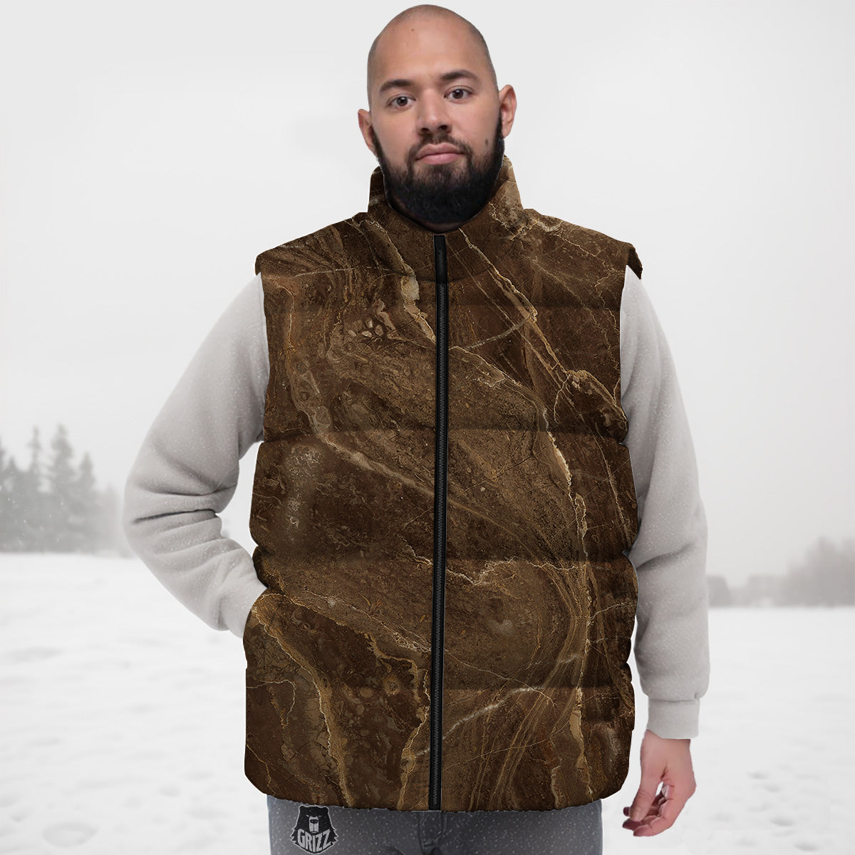Marble Brown Print Down Vest-grizzshop