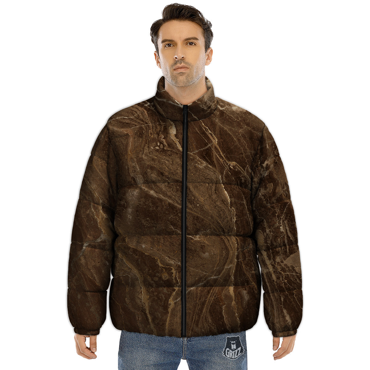 Marble Brown Print Puffer Jacket-grizzshop