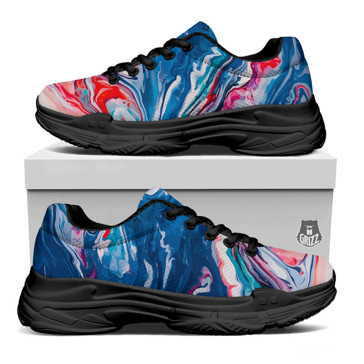 Marble Cartoon Texture Red Blue Print Black Chunky Shoes-grizzshop