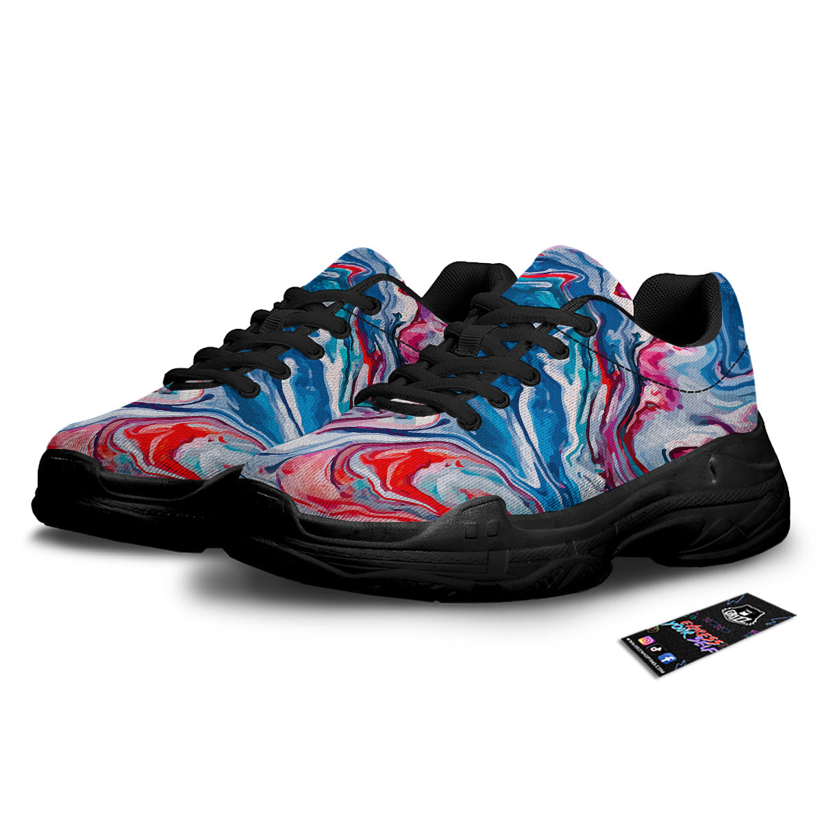 Marble Cartoon Texture Red Blue Print Black Chunky Shoes-grizzshop