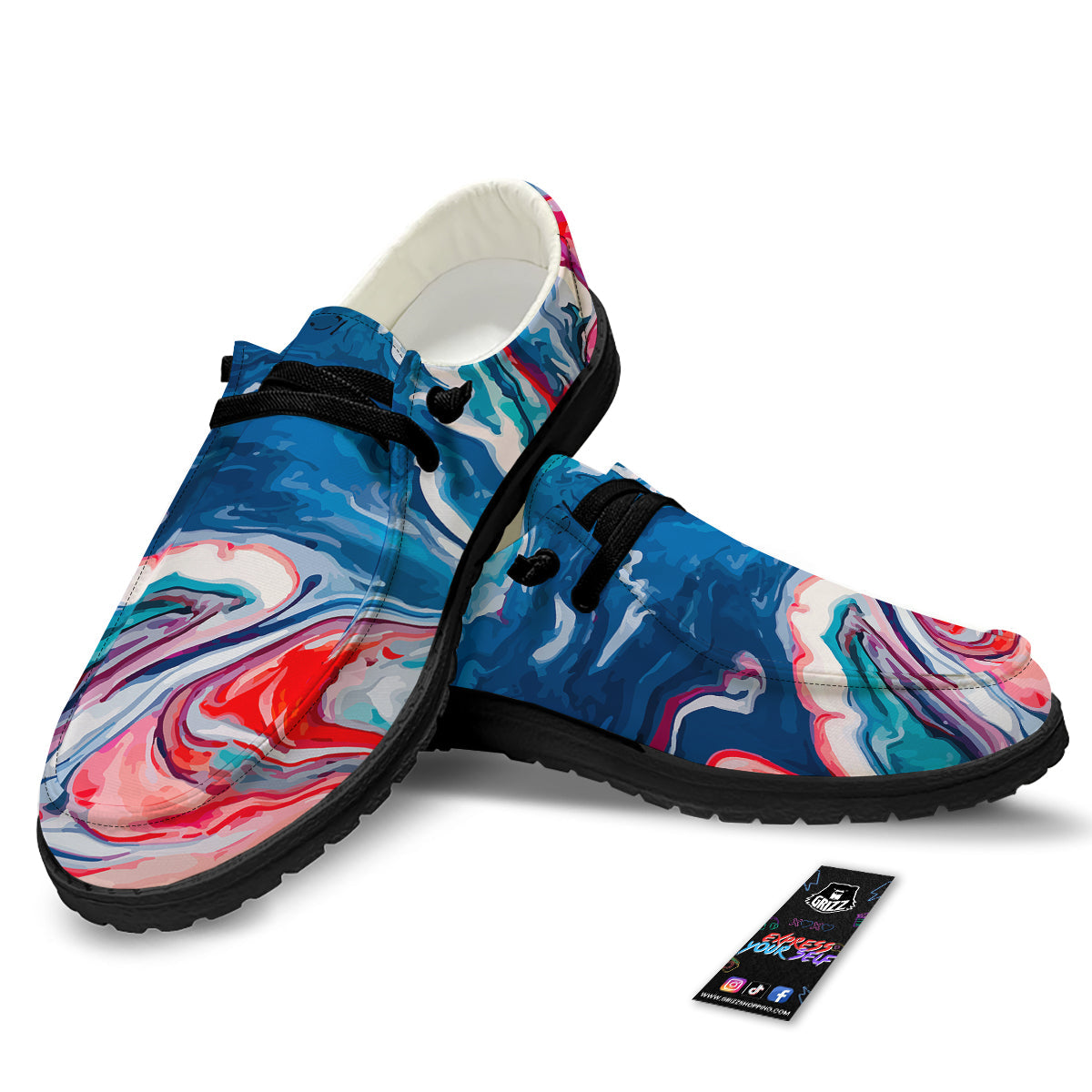 Marble Cartoon Texture Red Blue Print Black Loafers-grizzshop