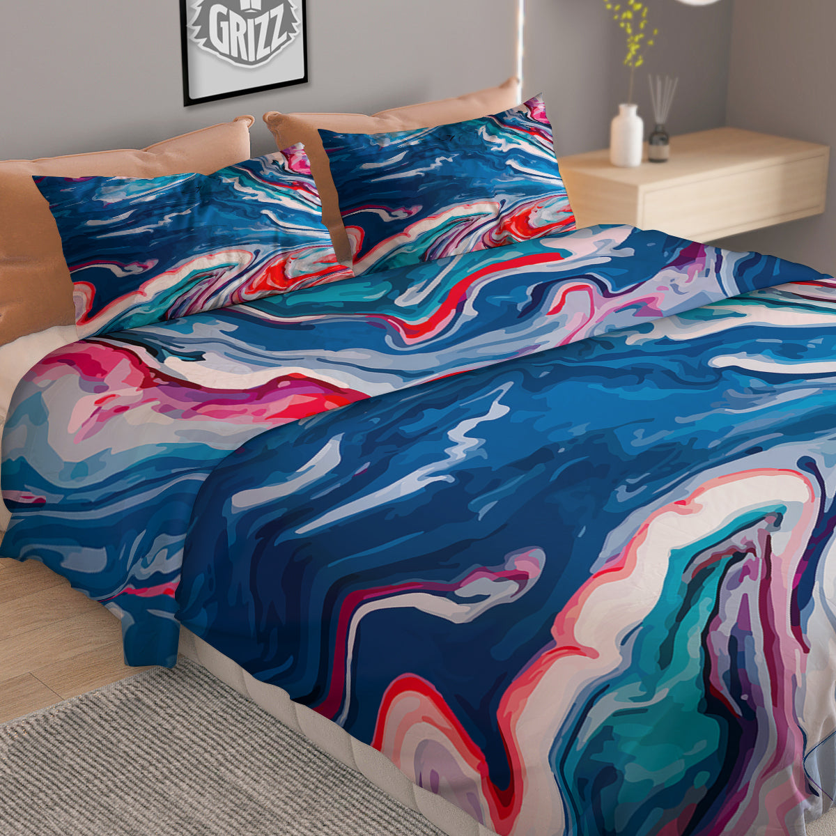 Marble Cartoon Texture Red Blue Print Duvet Cover Bedding Set