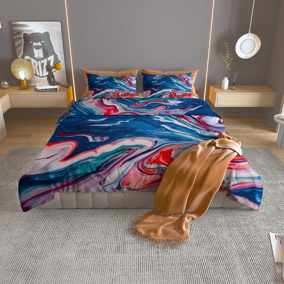 Marble Cartoon Texture Red Blue Print Duvet Cover Bedding Set