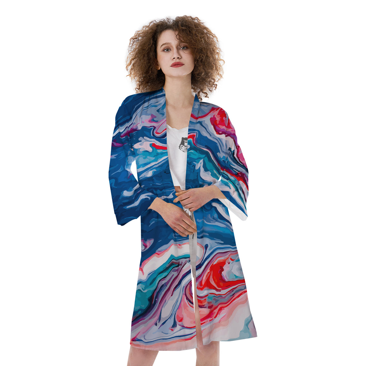Marble Cartoon Texture Red Blue Print Kimono-grizzshop