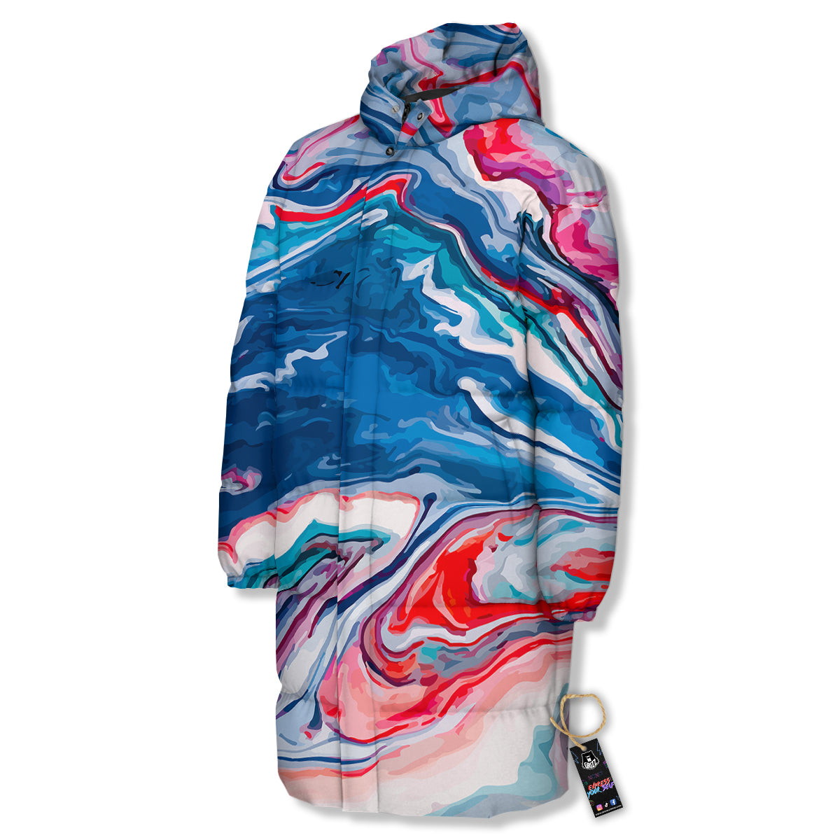 Marble Cartoon Texture Red Blue Print Long Down Jacket-grizzshop
