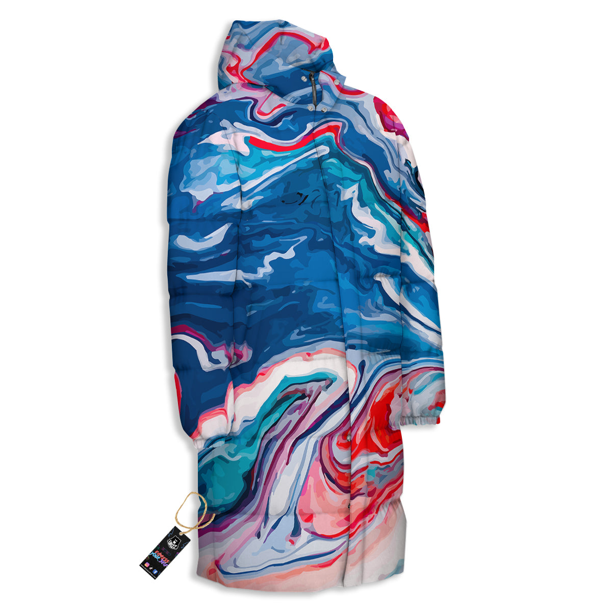 Marble Cartoon Texture Red Blue Print Long Down Jacket-grizzshop