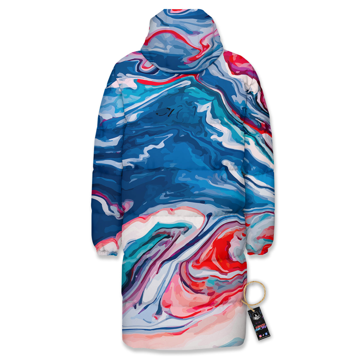 Marble Cartoon Texture Red Blue Print Long Down Jacket-grizzshop