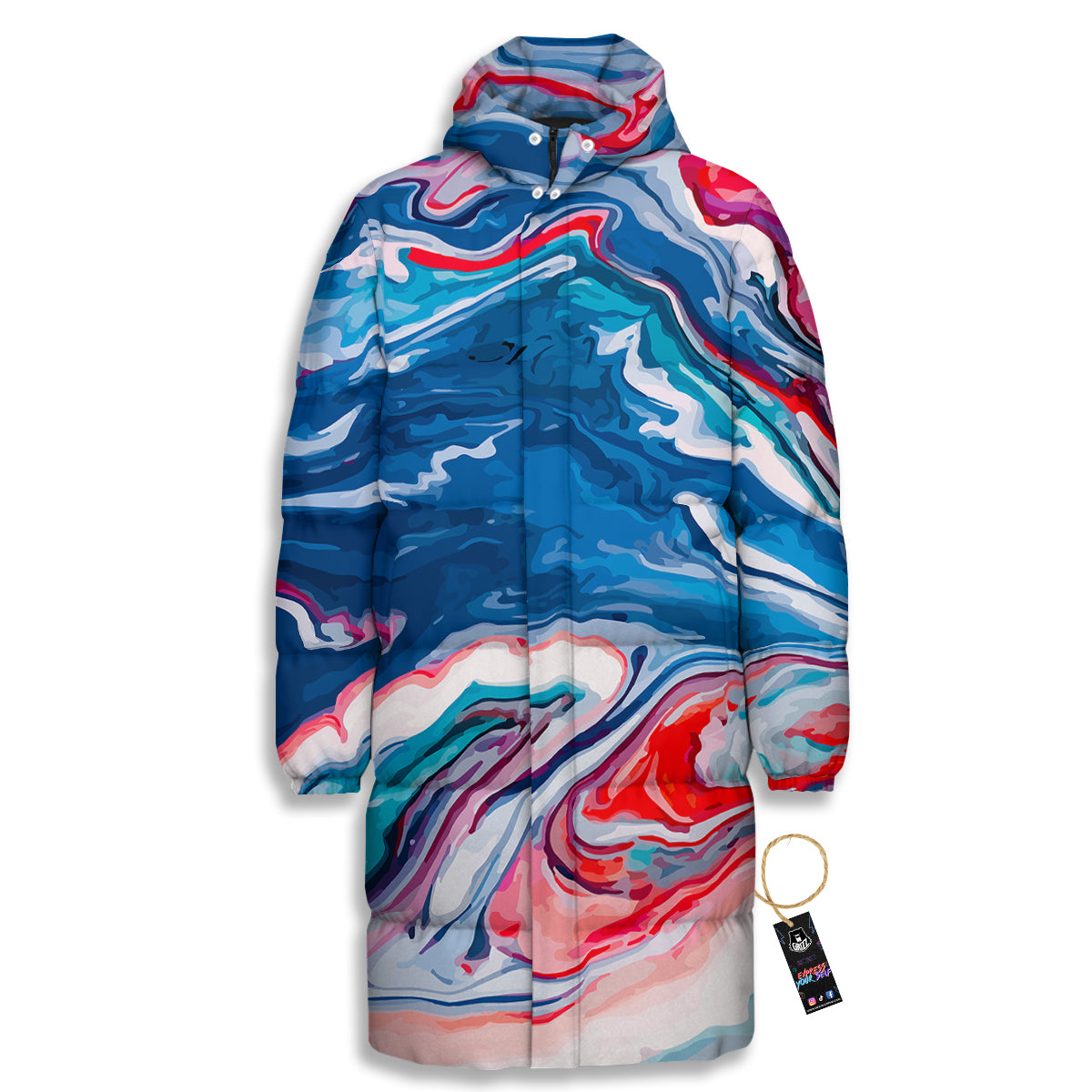 Marble Cartoon Texture Red Blue Print Long Down Jacket-grizzshop
