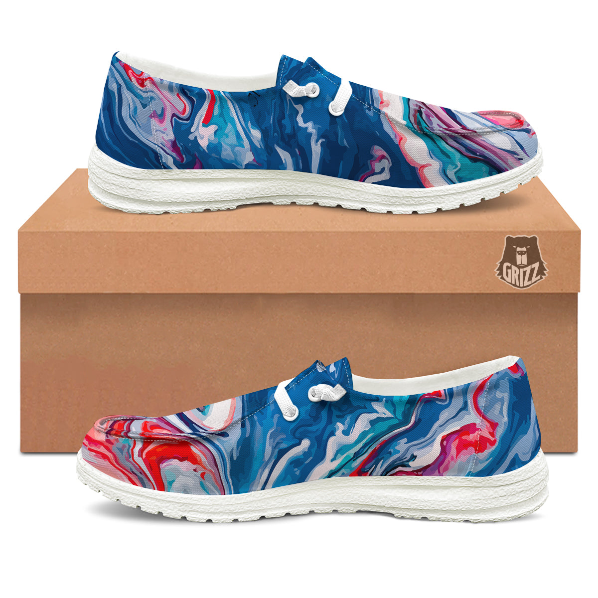 Marble Cartoon Texture Red Blue Print White Loafers-grizzshop