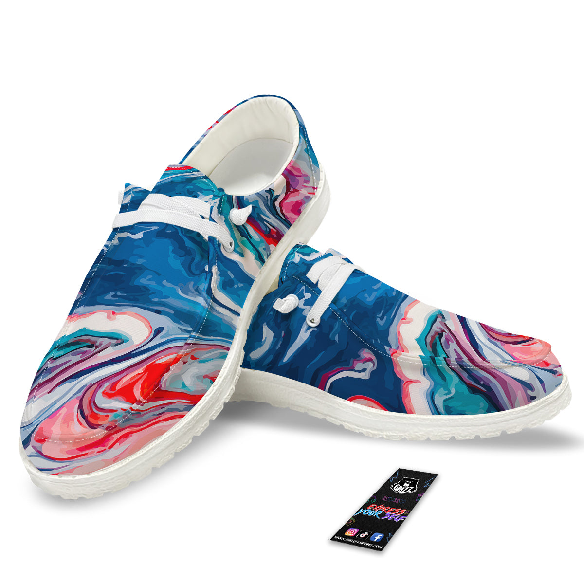 Marble Cartoon Texture Red Blue Print White Loafers-grizzshop