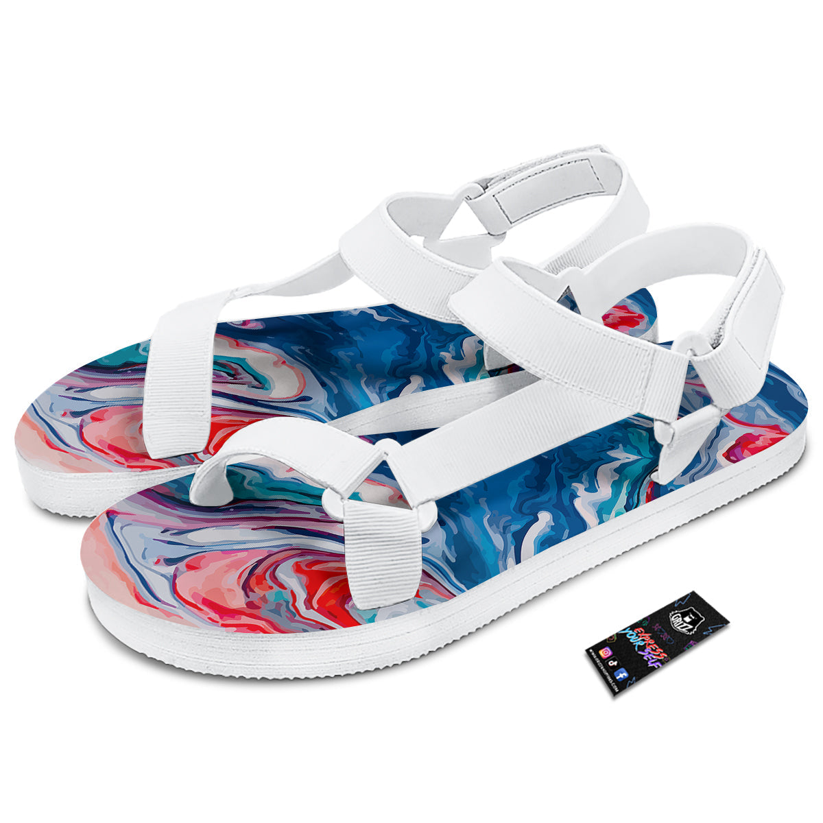 Marble Cartoon Texture Red Blue Print White Open Toe Sandals-grizzshop