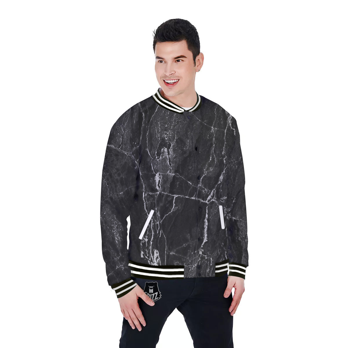 Marble Dark Black Grey Print Baseball Jacket-grizzshop