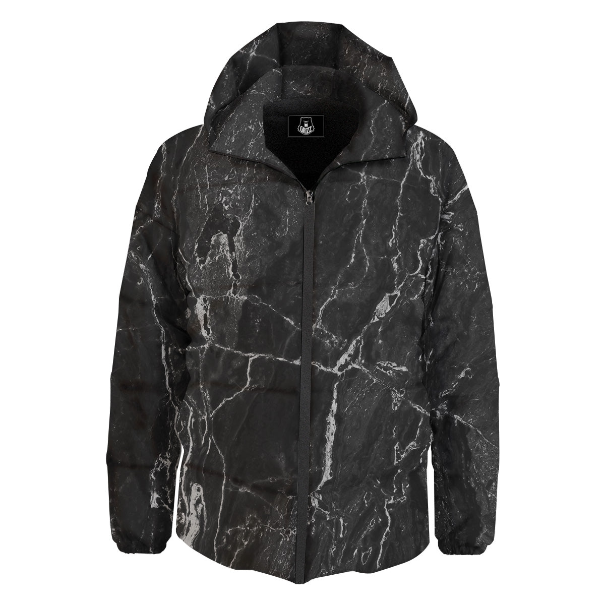 Marble Dark Black Grey Print Down Jacket-grizzshop