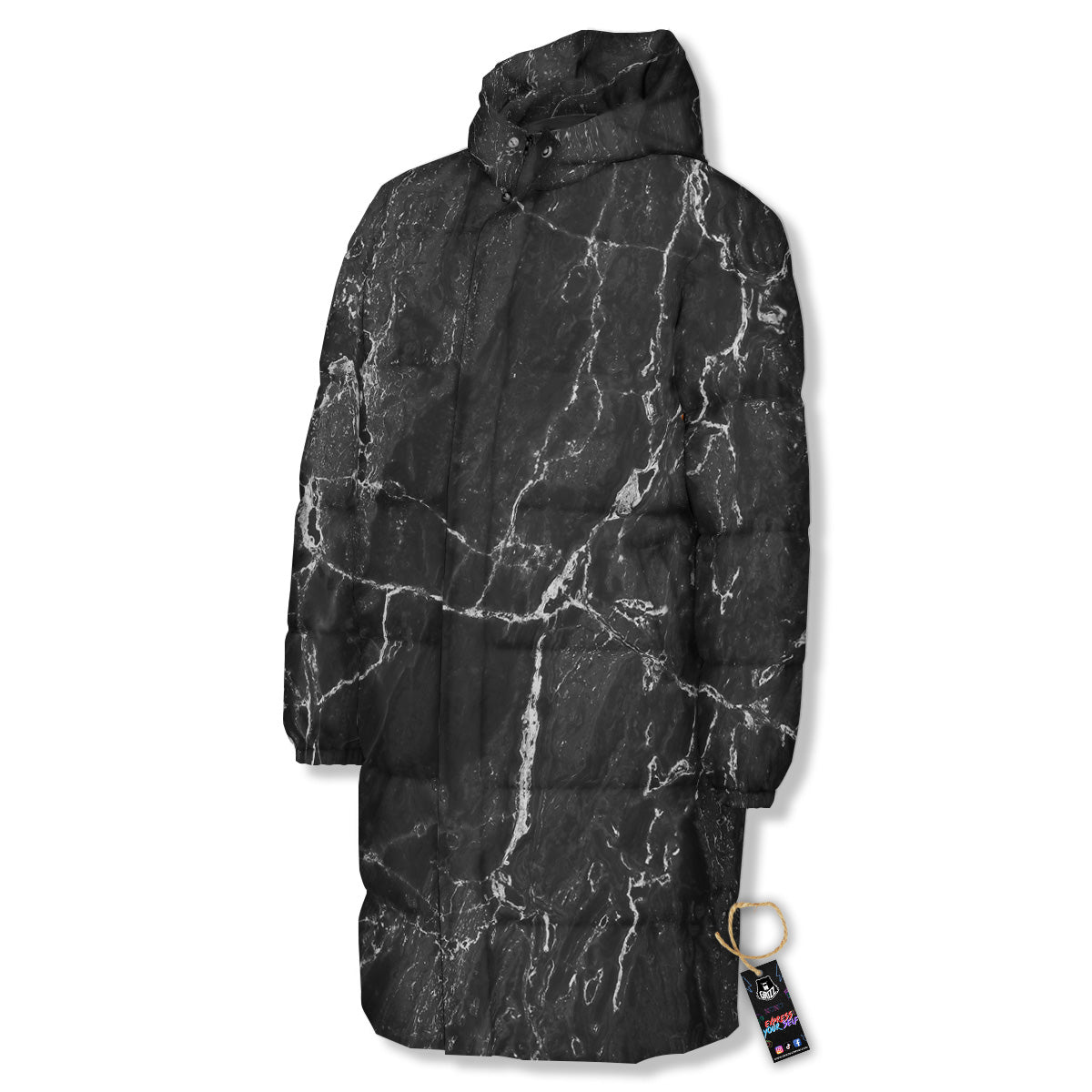 Marble Dark Black Grey Print Long Down Jacket-grizzshop