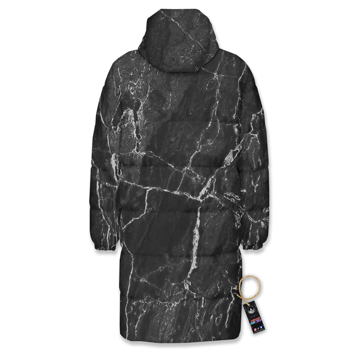 Marble Dark Black Grey Print Long Down Jacket-grizzshop