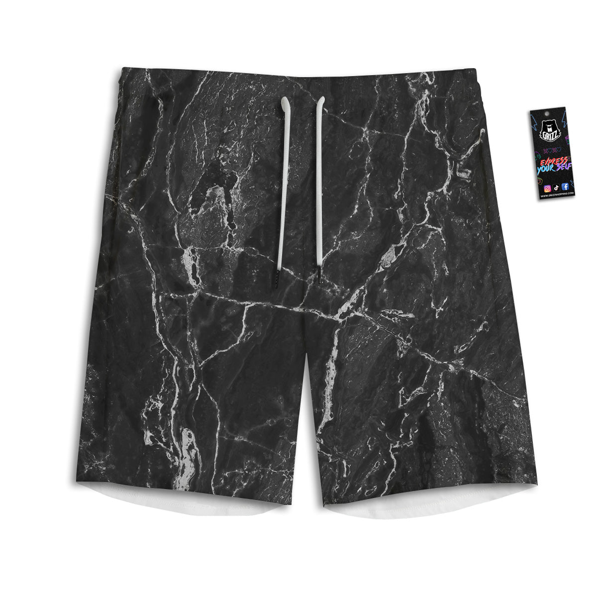 Marble Dark Black Grey Print Men's Athletic Shorts