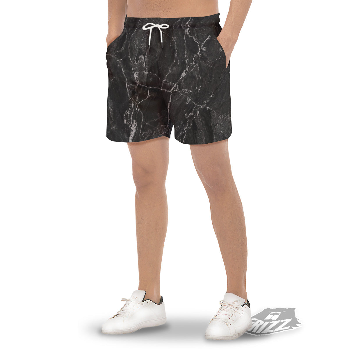 Marble Dark Black Grey Print Men's Gym Shorts-grizzshop