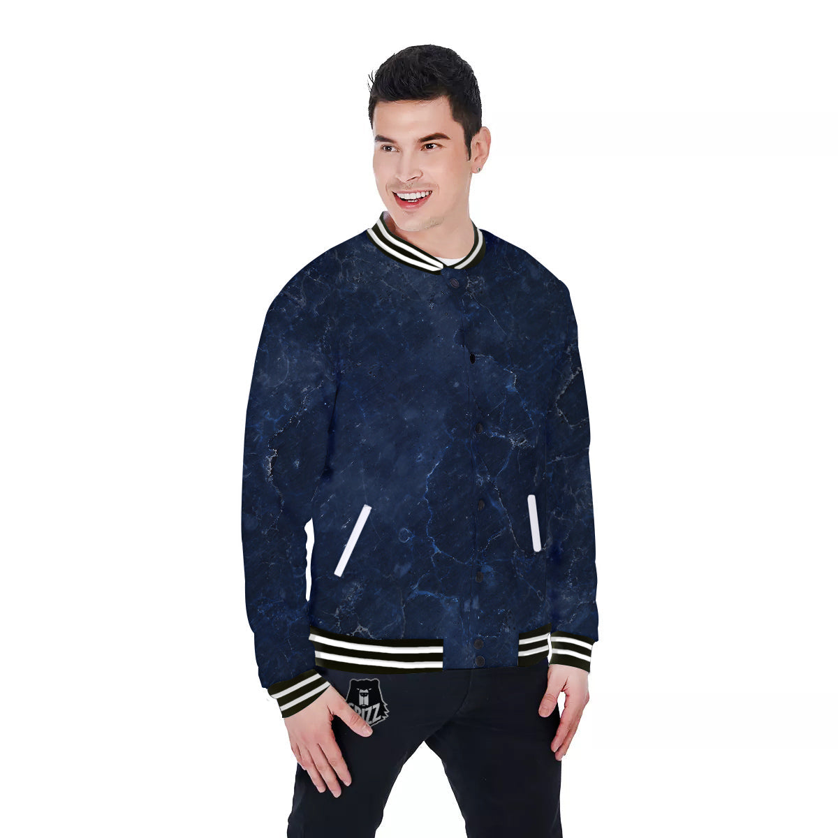 Marble Dark Blue Print Baseball Jacket-grizzshop