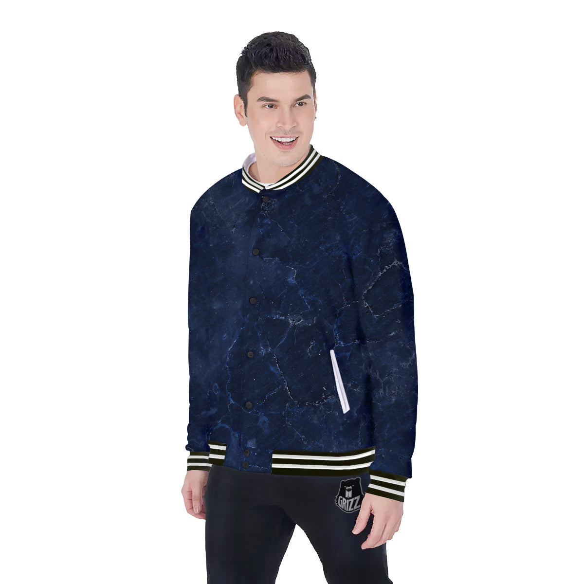 Marble Dark Blue Print Baseball Jacket-grizzshop