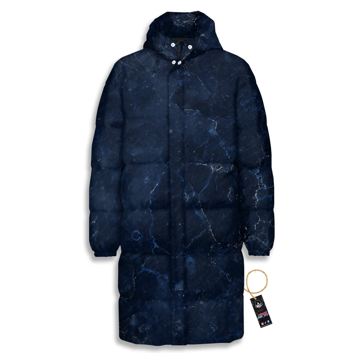 Marble Dark Blue Print Long Down Jacket-grizzshop