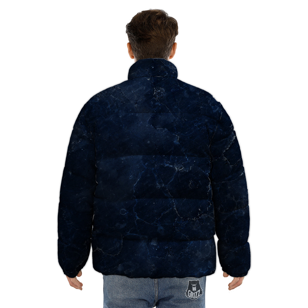 Marble Dark Blue Print Puffer Jacket-grizzshop