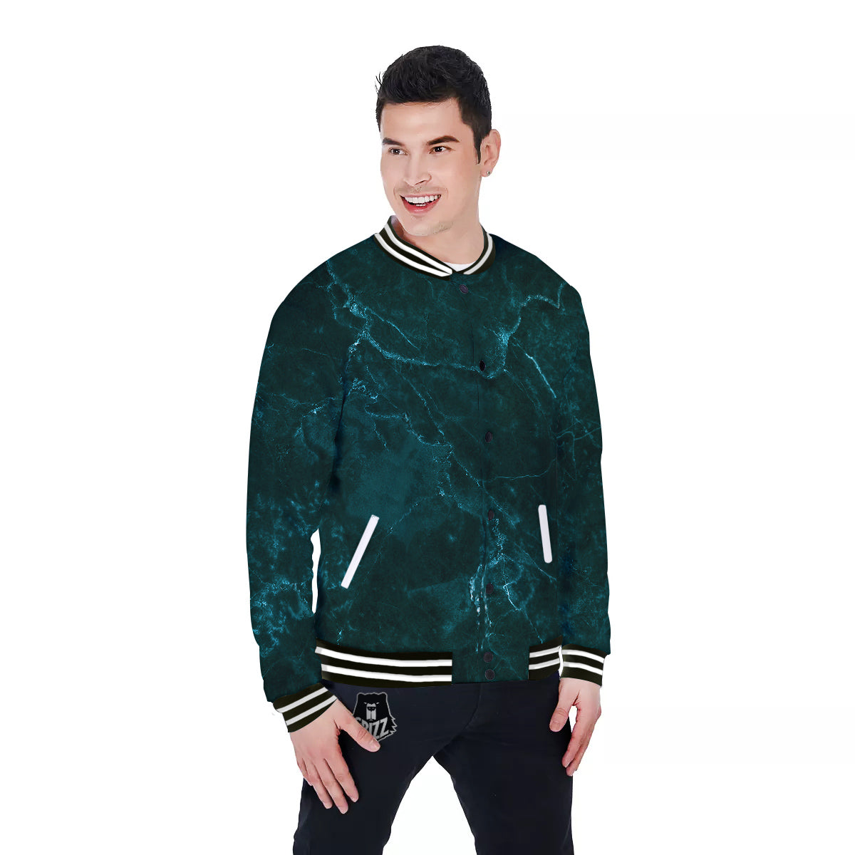 Marble Dark Green Print Baseball Jacket-grizzshop