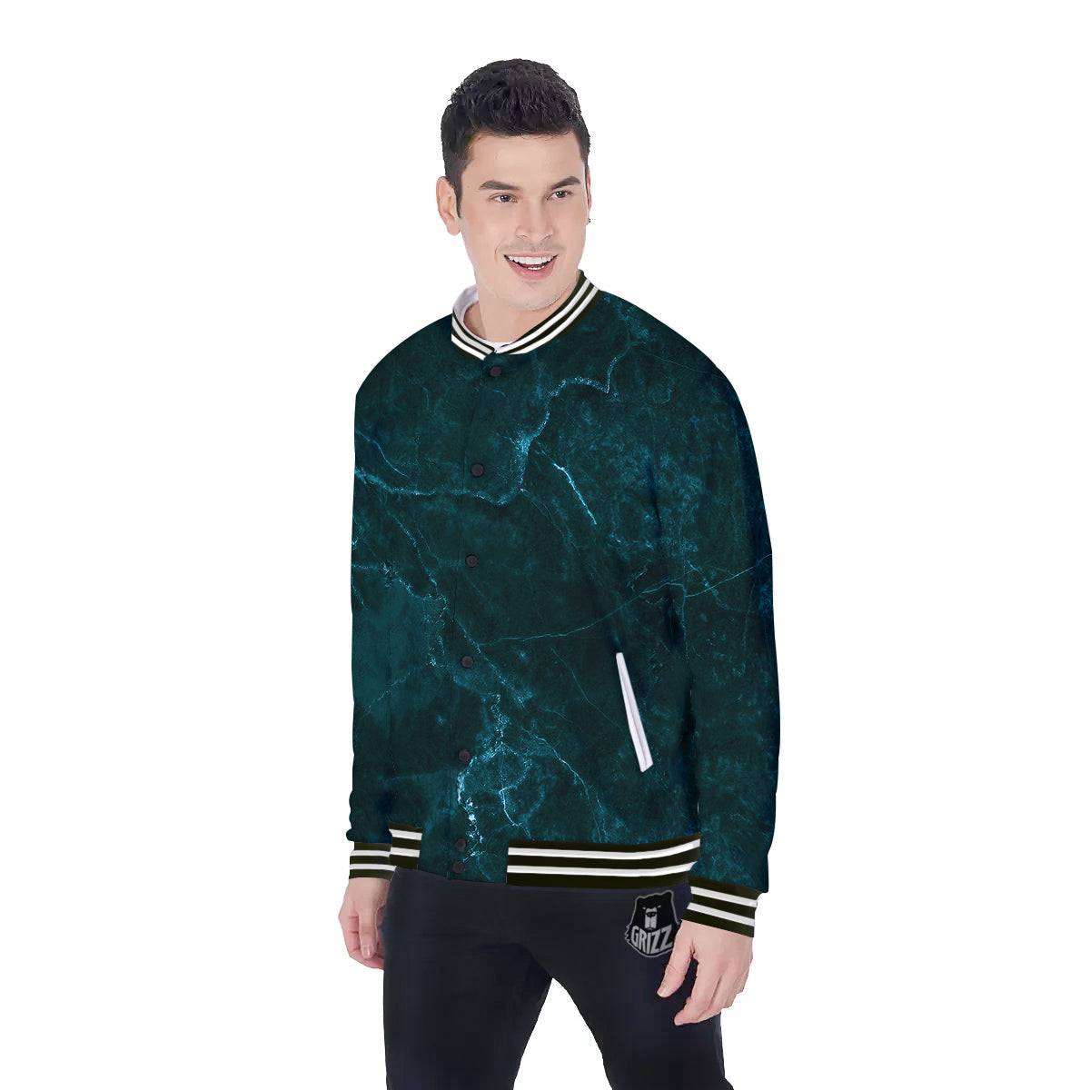 Marble Dark Green Print Baseball Jacket-grizzshop