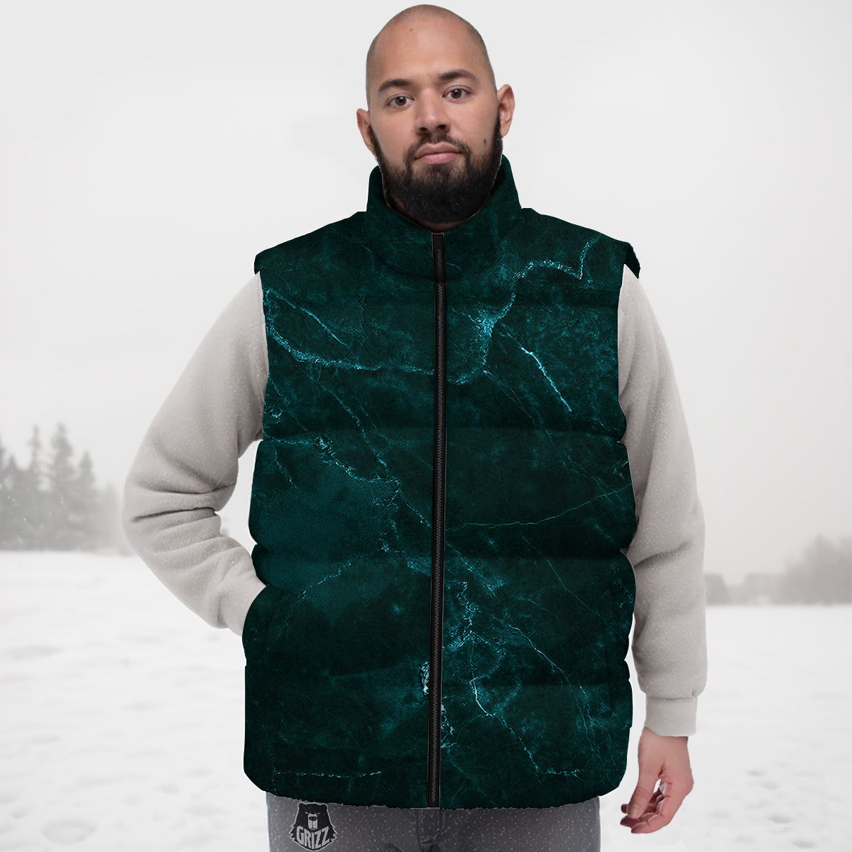 Marble Dark Green Print Down Vest-grizzshop