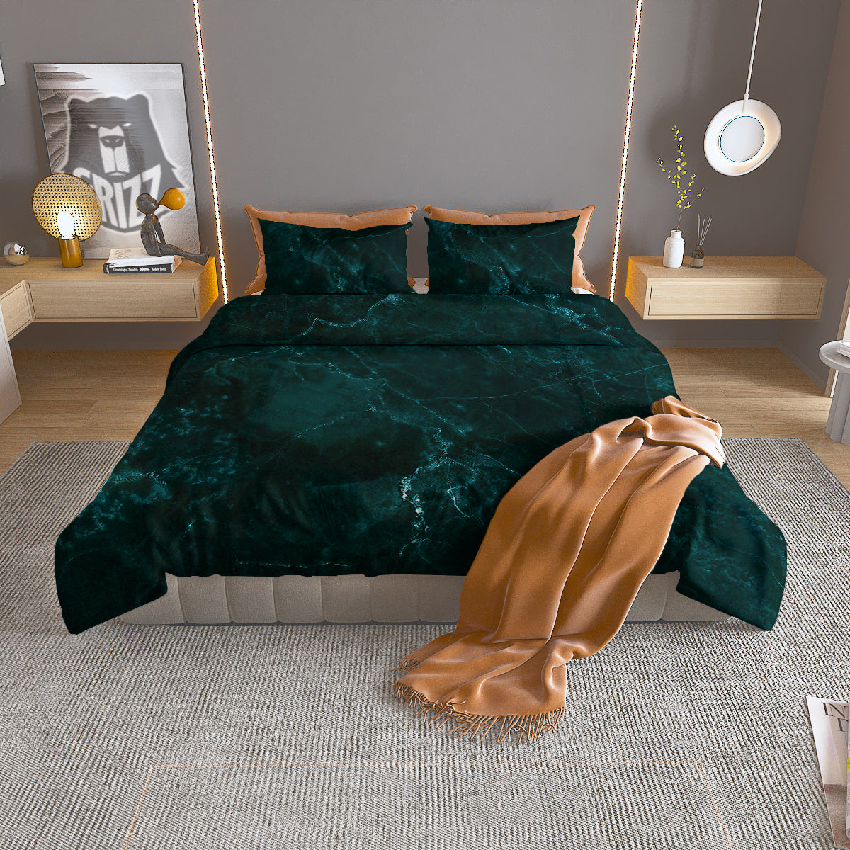 Marble Dark Green Print Duvet Cover Bedding Set