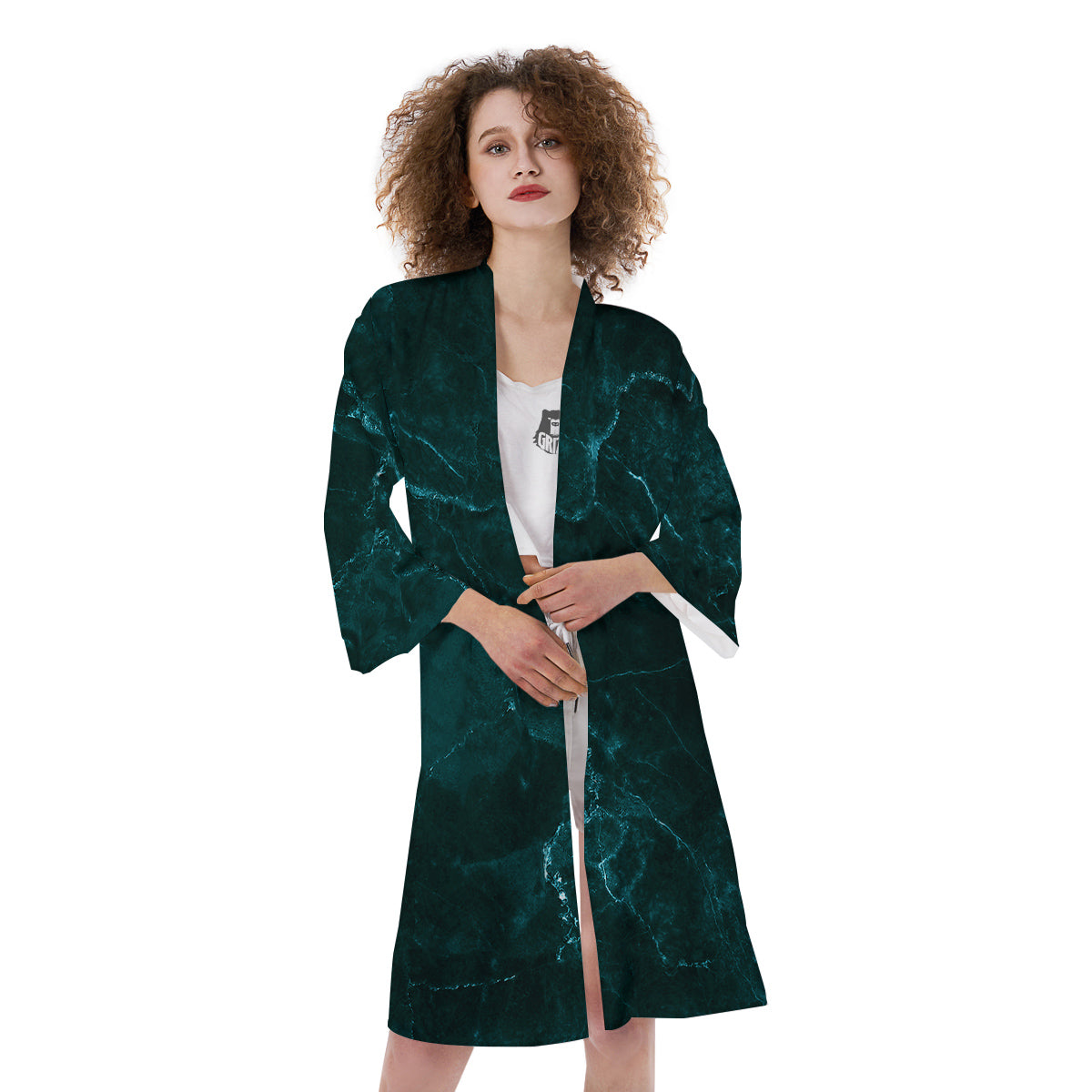 Marble Dark Green Print Kimono-grizzshop