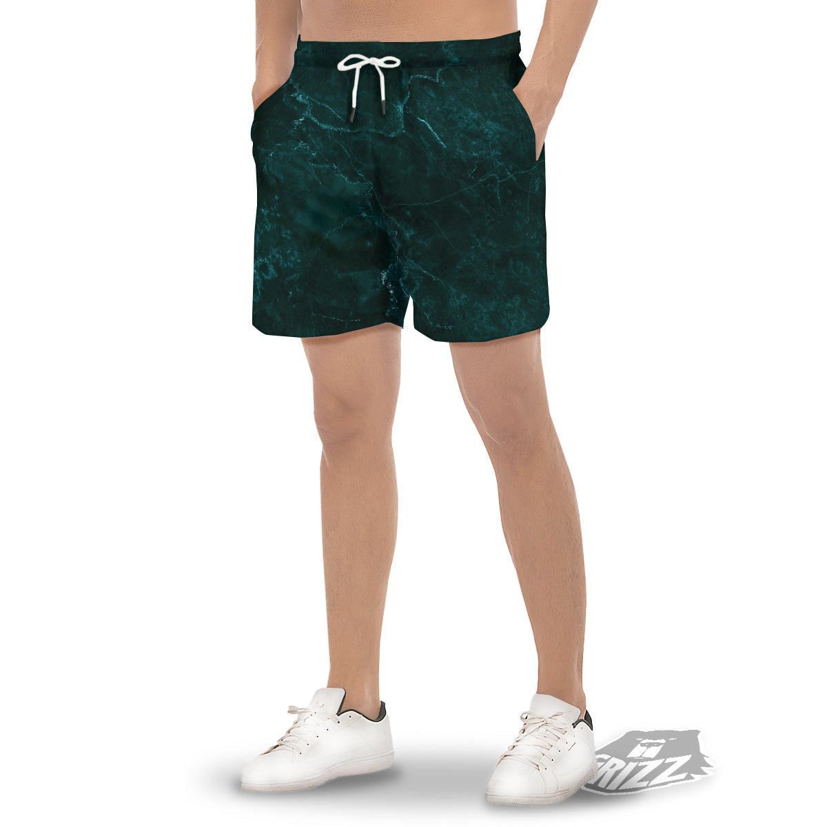 Marble Dark Green Print Men's Gym Shorts-grizzshop