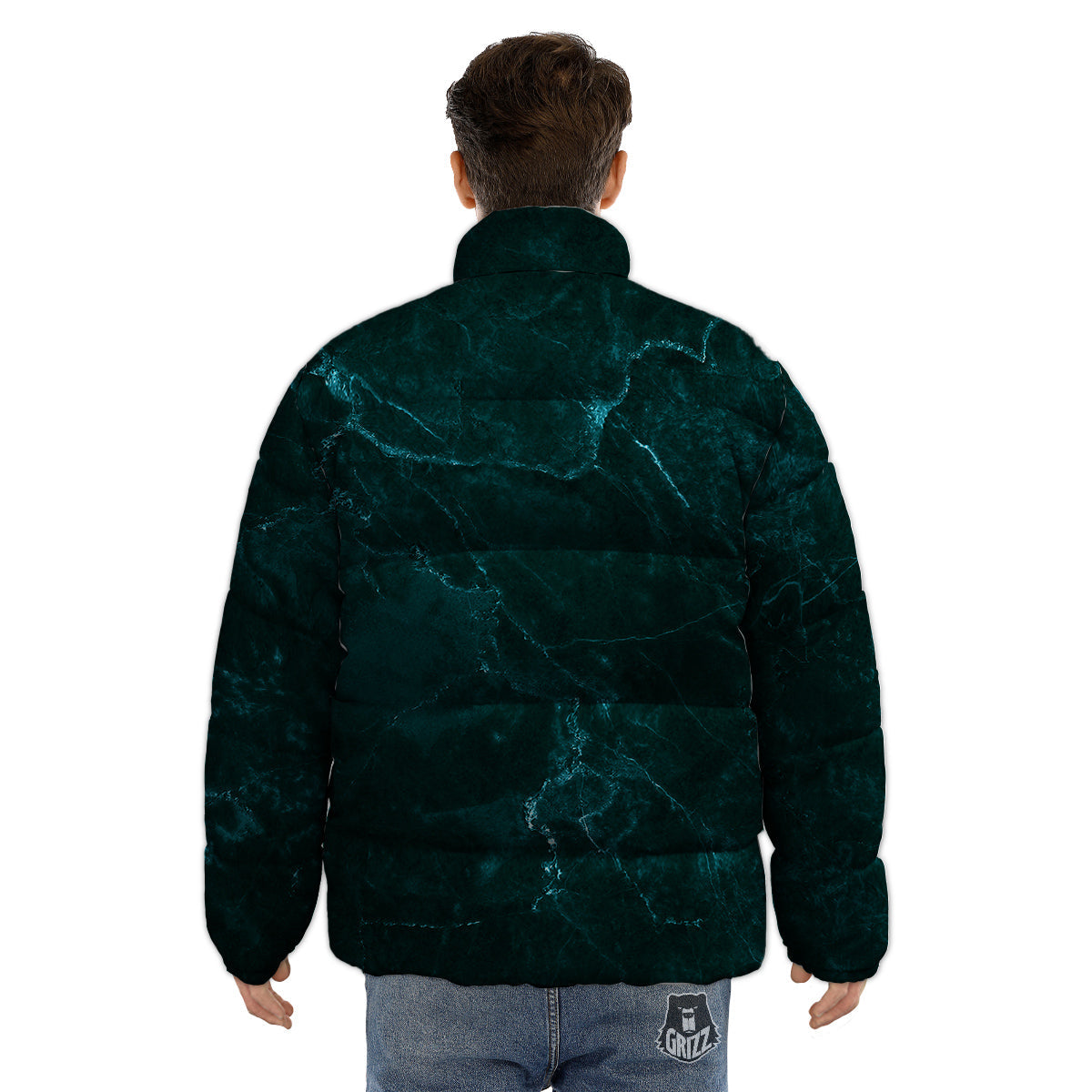 Marble Dark Green Print Puffer Jacket-grizzshop