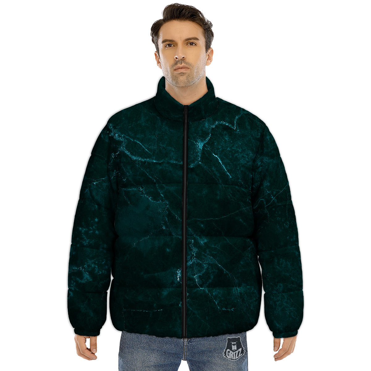 Marble Dark Green Print Puffer Jacket-grizzshop