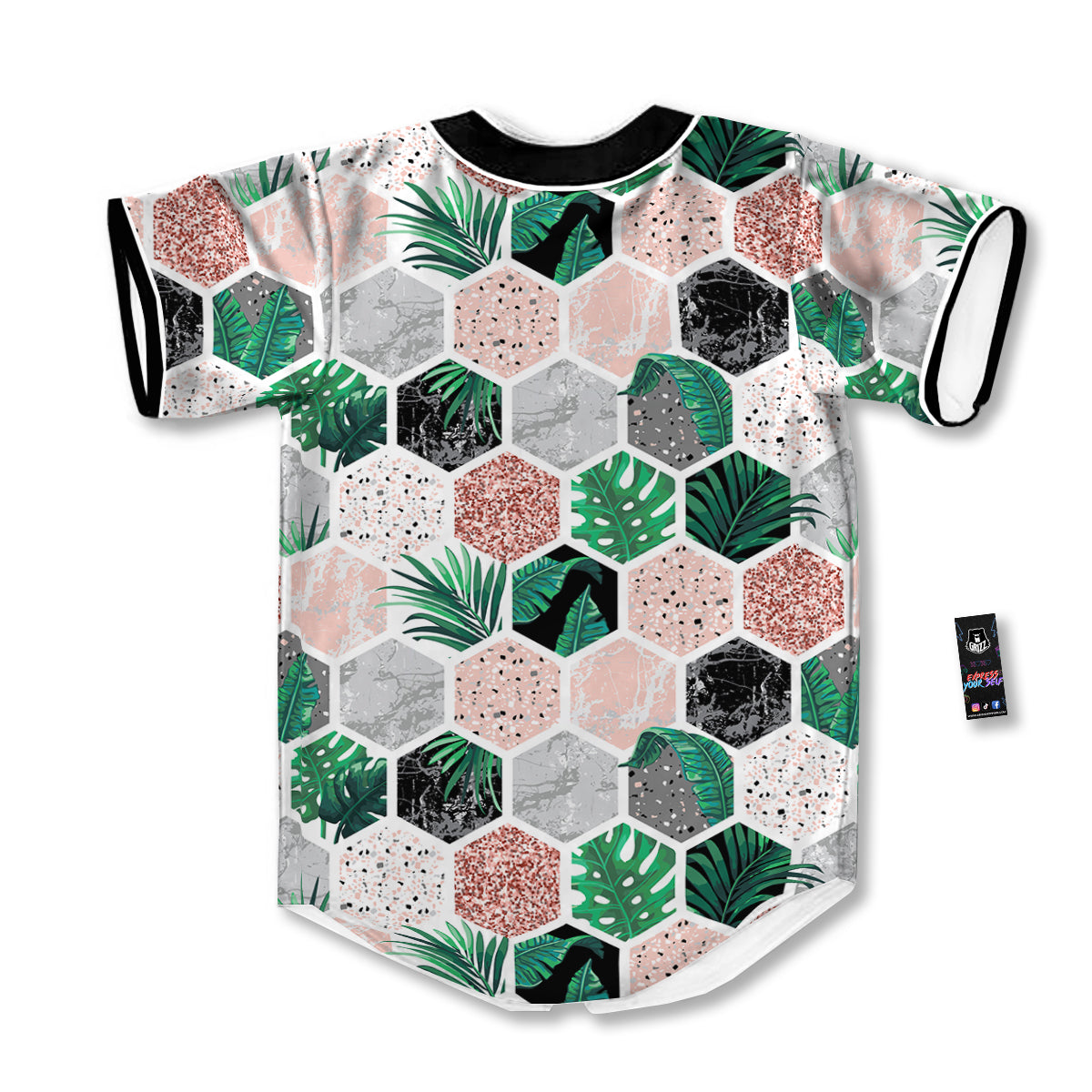Marble Geometric And Tropical Leaves Print Baseball Jersey-grizzshop