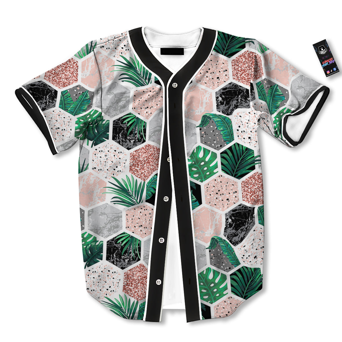 Marble Geometric And Tropical Leaves Print Baseball Jersey-grizzshop