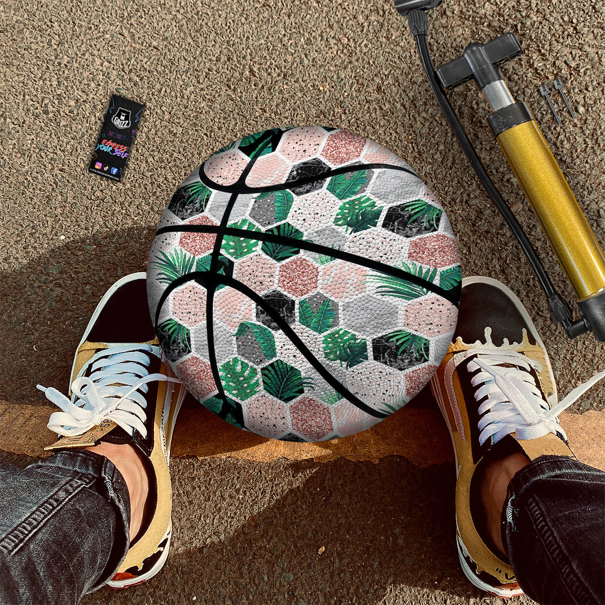 Marble Geometric And Tropical Leaves Print Basketball-grizzshop