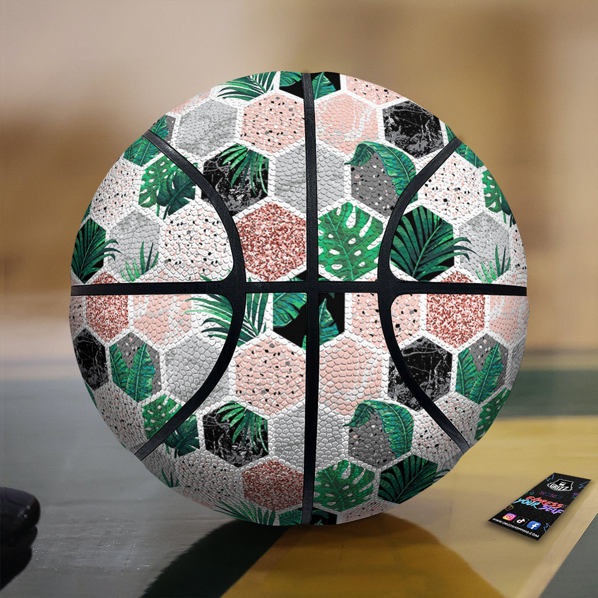 Marble Geometric And Tropical Leaves Print Basketball-grizzshop