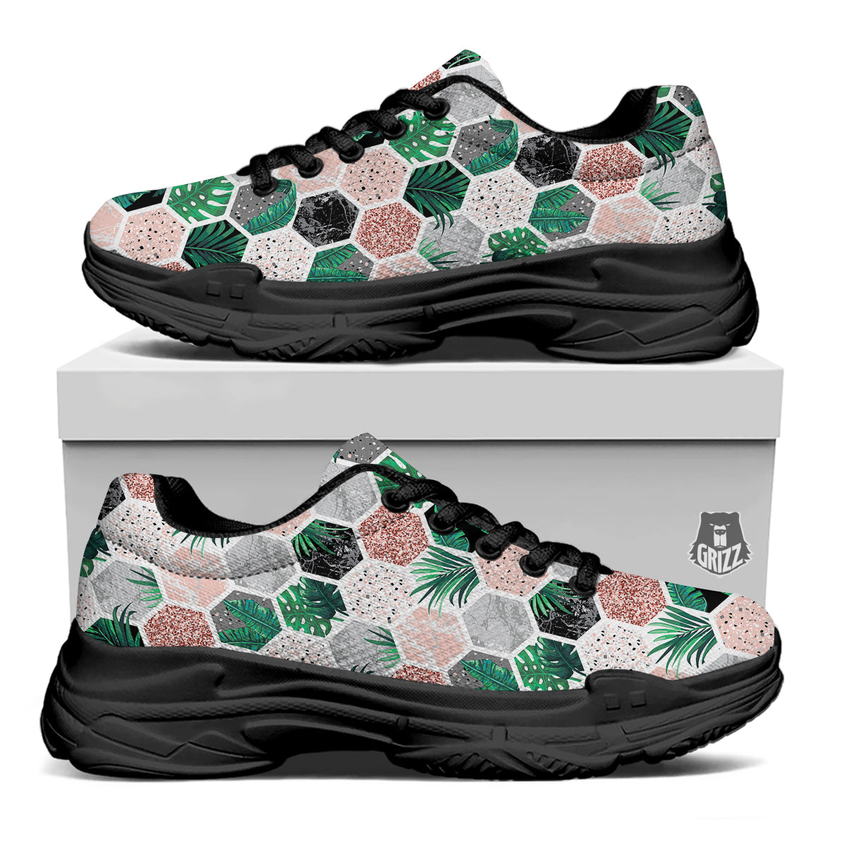Marble Geometric And Tropical Leaves Print Black Chunky Shoes-grizzshop