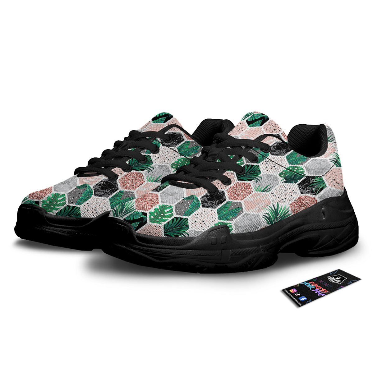 Marble Geometric And Tropical Leaves Print Black Chunky Shoes-grizzshop
