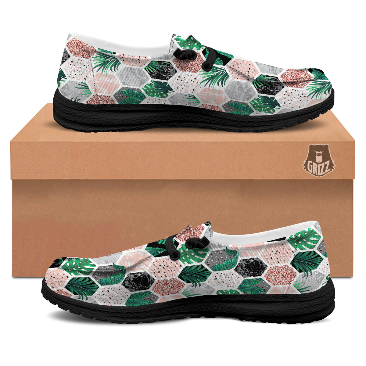 Marble Geometric And Tropical Leaves Print Black Loafers-grizzshop
