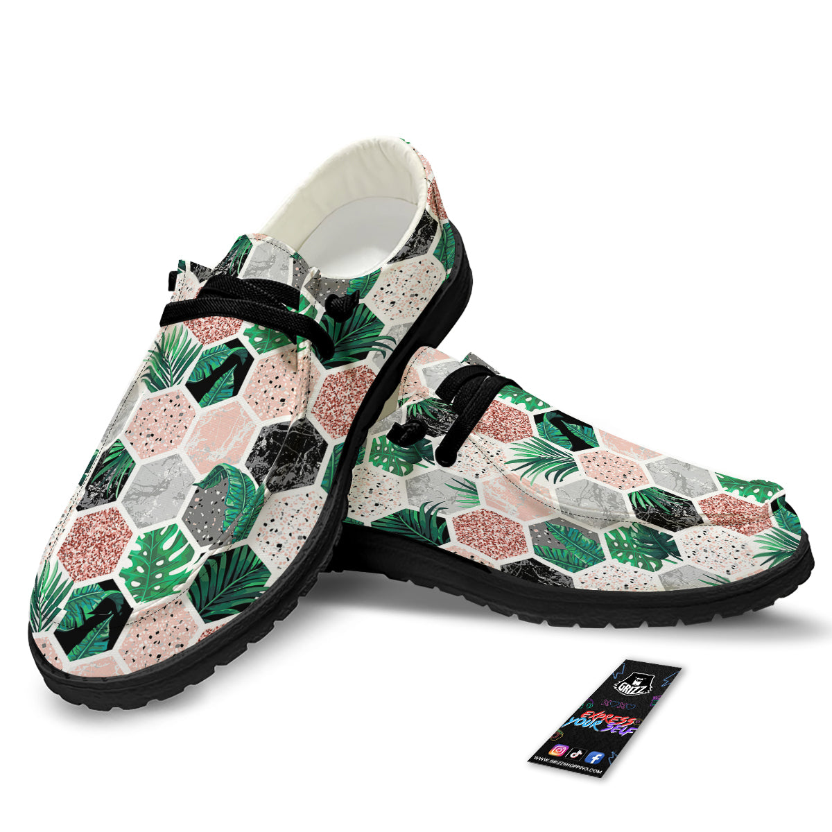 Marble Geometric And Tropical Leaves Print Black Loafers-grizzshop